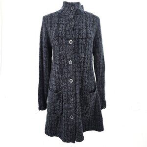 Eileen Fisher Sweater Coat Womens M Button Wool Blend Black Knit Long Cardigan